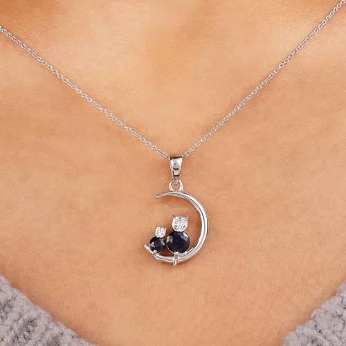 Vista 4 de Collar de zafiro azul de 34 quilates y diamante gato en la luna para mujer calidad AAA oro blanco de 10 quilates con cadena Metal Piedra preciosa