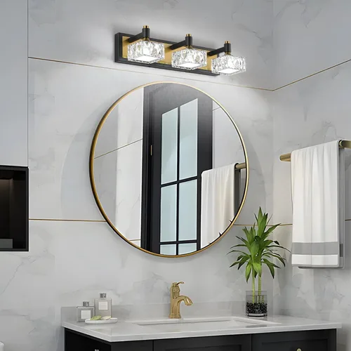 Vista 6 de Lámpara de baño de 3 luces sobre el espejo, luz LED regulable para tocador de baño con pantalla de cristal, lámpara de pared moderna negra y dorada