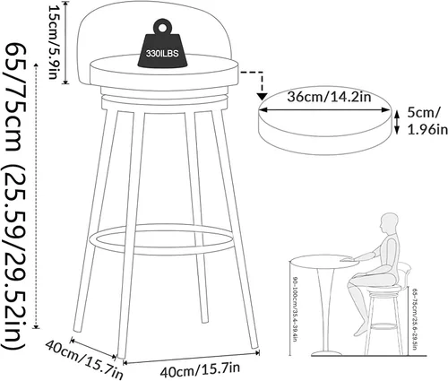 Vista 3 de Juego de 3 taburetes de bar modernos de terciopelo con respaldo y reposapiés, taburetes de bar giratorios de 360°, taburetes de bar sin brazos