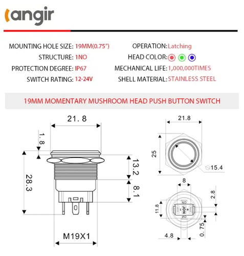 Vista 2 de Interruptor de botón de empuje de 15 amperios, 2 unidades, 0.748 in (0.75 pulgadas) 12V-24 V de acero inoxidable AC/DC IP67 impermeable con luz LED