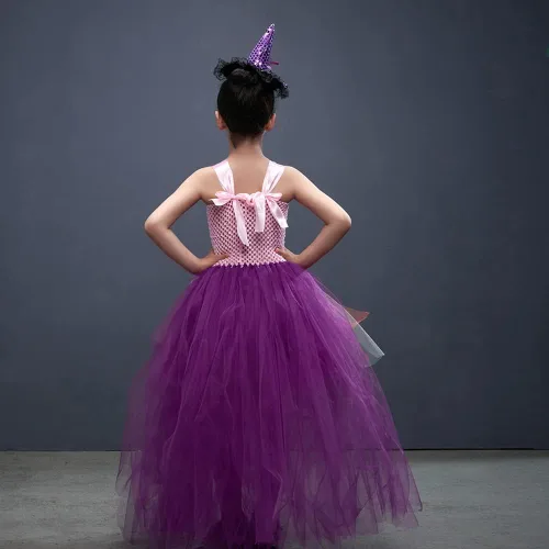 Vista 6 de Disfraz de bruja de Halloween para niños y niñas, vestido de tul, vestido de niña con accesorios, trajes para fiestas infantiles, festivales, cosplay