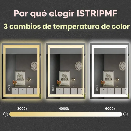 Vista 3 de Espejo de baño LED de 24 x 28 pulgadas, luz frontal y retroiluminada, antiniebla, regulable, espejo de tocador iluminado con memoria, espejo LED