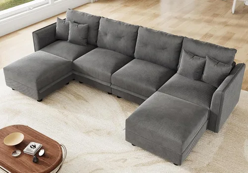 Vista 30 de LLappuil Sofá Seccional Modular con Asientos de Almacenamiento, Sofá Modular Convertible de Pana Chaise para Sala de Estar, Sofás de 5 Plazas con 3