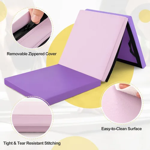 Vista 5 de Goplus Esterilla de Gimnasia Plegable, 6' x 2' x 2'' de Grosor Tri-Fold Esterilla de Ejercicio y Volteretas con Asas de Transporte, Cierre de Gancho