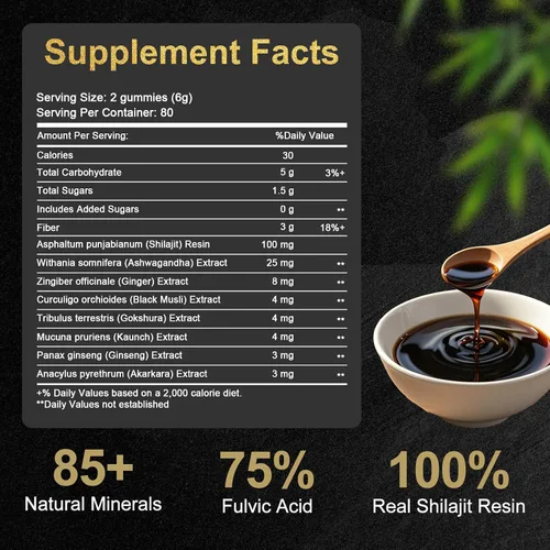 Vista 2 de Gomitas Shilajit, gomitas puras del Himalaya Shilajit doradas, sin azúcar añadido, sin OMG, 100% naturales y orgánicas, Ashwagandha, Gokshura, ácido