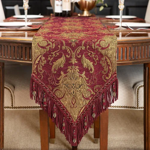 Vista 13 de Loom and Mill - Camino de mesa de damasco elegante y lujoso, 72 pulgadas de largo, color beige Jacquard Table Runners with Handmade Multi-Tassels