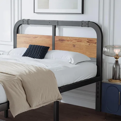 Vista 6 de Base de cama de metal de tamaño matrimonial con cabecera de madera maciza, plataforma de cama de estilo rústico, soporte de listones de acero