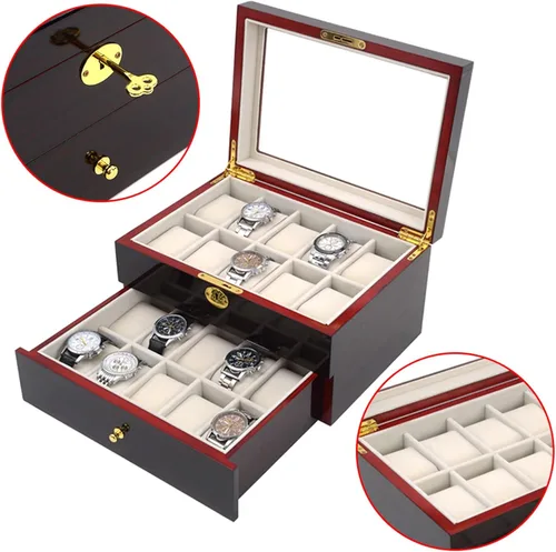 Vista 3 de LOYALHEARTDY Caja de reloj de madera de 20 ranuras, joyería y reloj de exhibición Oraorganization de 2 capas soporte de reloj de madera