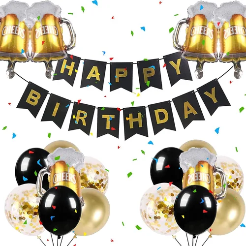 Vista 12 de ZHENGYE Kit de decoración de cumpleaños con temática de cerveza negra y dorada, globos de papel de aluminio de cerveza, guirnalda de pancarta