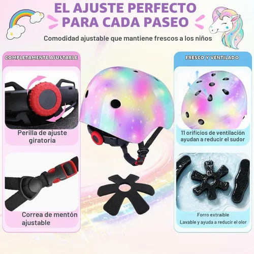 Vista 4 de Casco para niños, casco de bicicleta para niños pequeños con pegatinas DIY Unicornio, rodilleras y coderas ajustables, juego de protección para Rosa