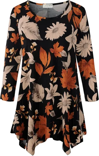 Vista 8 de LARACE - Camisa de talla extragrande para mujer, camisa tipo túnica con manga 3/4, ajuste holgado, ropa básica para mujer 2-negro_cuadros
