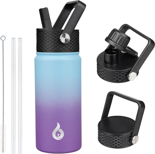 Vista 116 de BJPKPK Botellas de Agua Aisladas con Tapa de Pajita, Botella de Agua de Acero Inoxidable de 18oz, Termo Frío Caliente con 3 Tapas, Vaso de Viaje a