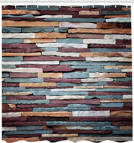 Vista 2 de Ambesonne Cortina de ducha urbana, superficie de piedra de color, textura de fondo, estilo retro, imagen de pared de ladrillo urbano, juego