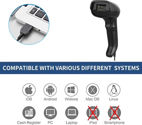 Vista 7 de Symcode Escáner de código de barras USB 1D con soporte Lector de código de barras láser con cable de mano con soporte de cuello de cisne y cable