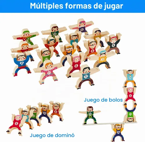 Vista 4 de moopok Juguetes Apilables de Madera, 16 Piezas Circo Hércules Troupe Acrobática Juguete de Encaje, Juego de Bloques de Construcción de Equilibrio