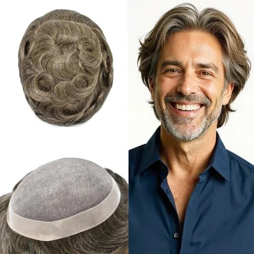 Vista 58 de Mens Toupee Hair Piece Real Human Hair Fine Mono Toupee para hombres Sistema de reemplazo de cabello para hombre Postizo Protesis Capilar Para