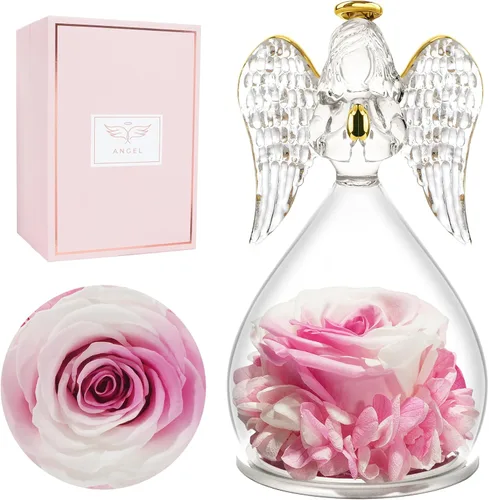 Vista 17 de Miofula Regalos para mamá, regalos de cumpleaños para mujeres, flores preservadas en figuras de ángel de cristal, flores frescas para entrega, Rosa