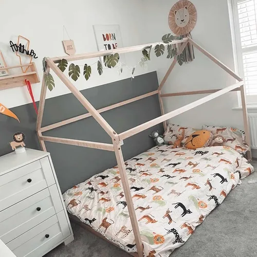Vista 5 de Cama Montessori tamaño Queen, marco de cama Montessori con forma de casa para niños pequeños con listones debajo del colchón, marco de cama