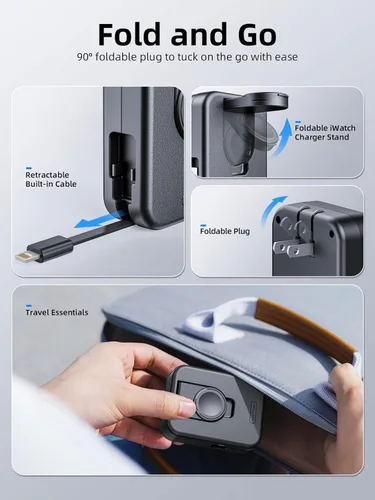 Vista 2 de Bloque de cargador para Apple Watch, cargador de pared 2 en 1 con cable de carga retráctil integrado, adaptador de corriente de enchufe plegable