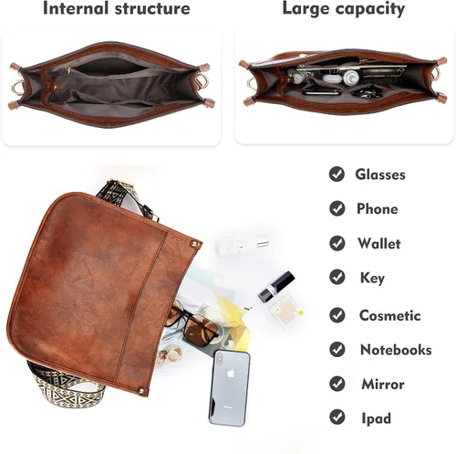 Vista 4 de Erideno Bolso cruzado para mujer con correa de guitarra, bolso de hombro de piel sintética vegana de moda, bolso de mano de diseñador con 2 correas