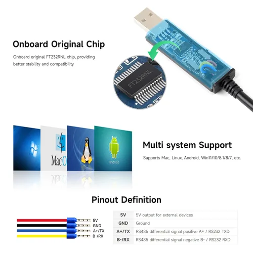 Vista 5 de Wavesahre - Cable USB a serie RS232/485, chip FT232RNL original, compatible con Mac, Linux, Android, Win11/10/8.1/8/7, indicadores de alimentación