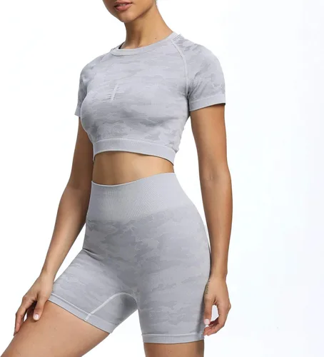 Vista 3 de Aoxjox Traje de yoga para mujer, sin costuras, 2 piezas, entrenamiento, gimnasio, adaptado, pantalones cortos de cintura alta con brasier deportivo