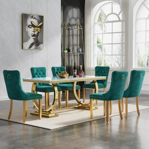 Vista 58 de HomVent Juego de mesa de comedor moderna de mármol sintético para 4 personas, mesa de cocina rectangular con 4 sillas beige (dorado)