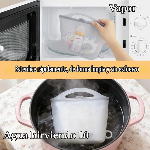 Vista 4 de Bolsa esterilizadora de vapor de silicona para microondas, bolsas reutilizables de 50.7 fl oz para biberones, extractor de leche, chupetes
