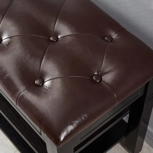 Vista 6 de Banco de almacenamiento de zapatos, zapatero de entrada con asiento de cuero de fibra de 2 niveles, organizador superior de madera para entrada