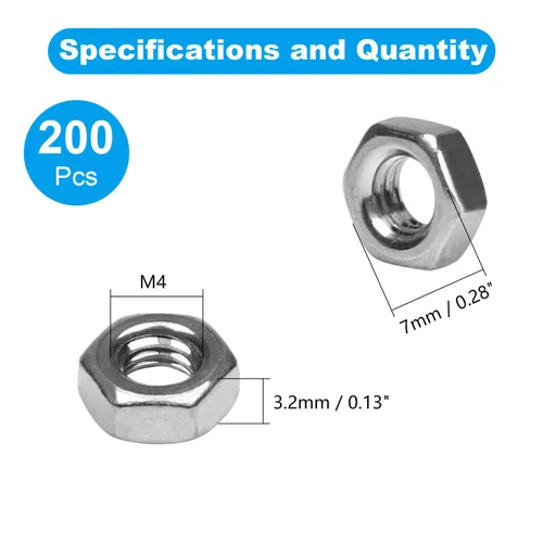 Vista 2 de 200 piezas M4-0.7 Tuerca hexagonal, Tuercas de acero inoxidable 304, M4x0.7mm de accionamiento hexagonal, Tuerca hexagonal métrica de rosca gruesa