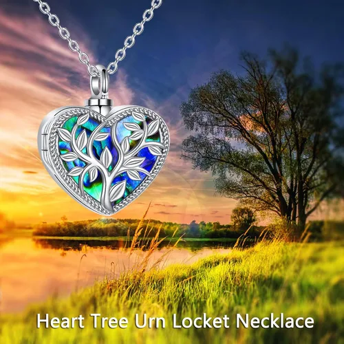Vista 5 de ONEFINITY Collar de urna de cremación para cenizas de plata de ley con concha de abulón, árbol de la vida, collar con medallón que sostiene imágenes