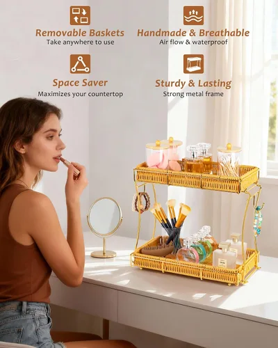Vista 7 de Organizador de baño, organizador de perfumes, organizador de maquillaje, estante de almacenamiento de cosméticos, bandeja de tocador, bandeja