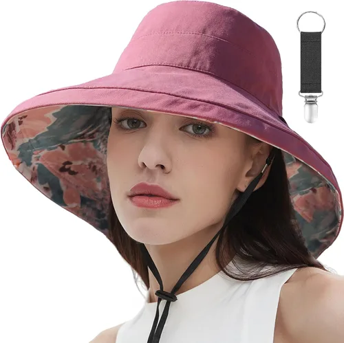 Vista 9 de vidsel Sombreros de sol para mujer, de ala ancha, reversible, de algodón, plegable, de verano, con clip para sombrero, protección UV Beige