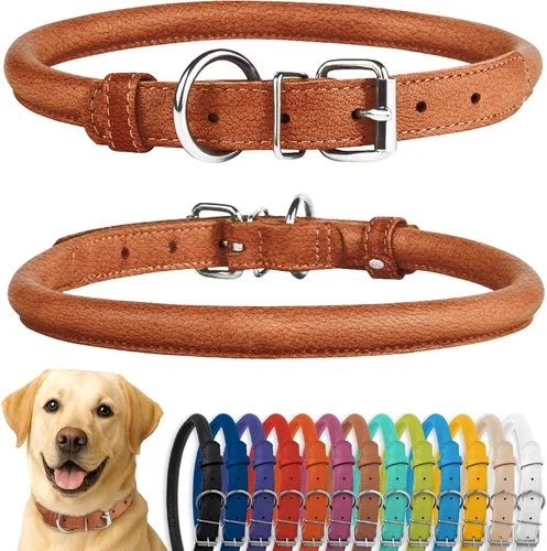 Vista 26 de CollarDirect - Collar de cuero enrollado para perro, collar redondo acolchado suave para cachorro, collar de cuero auténtico hecho a mano