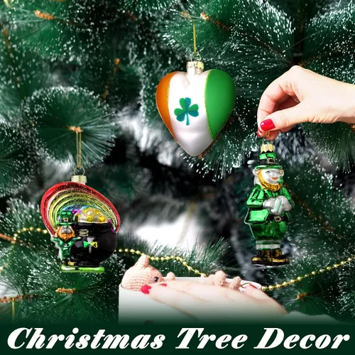 Vista 4 de 4 adornos de cristal del día de San Patricio, maceta de duende de trébol irlandés de oro, decoración de árbol de trébol de la suerte para el hogar