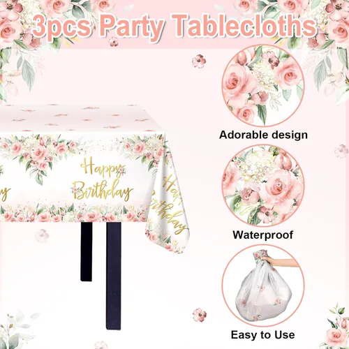 Vista 3 de Avezano 3 piezas de decoración de fiesta de oro rosa, manteles florales de feliz cumpleaños para niñas y mujeres, suministros de fiesta