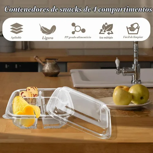 Vista 4 de Paquete de 20 recipientes transparentes Bento para aperitivos, 4 compartimentos con tapas Clear Divided Food Storage Containers, 6.3X6.3X2.36In