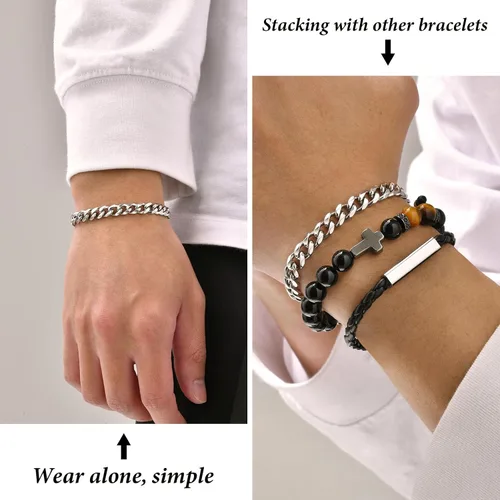 Vista 2 de Pulsera de eslabones trenzados de cuerda y cadena para hombre: hecha a mano para hombre, de acero inoxidable, metal, no se deslustra, impermeable