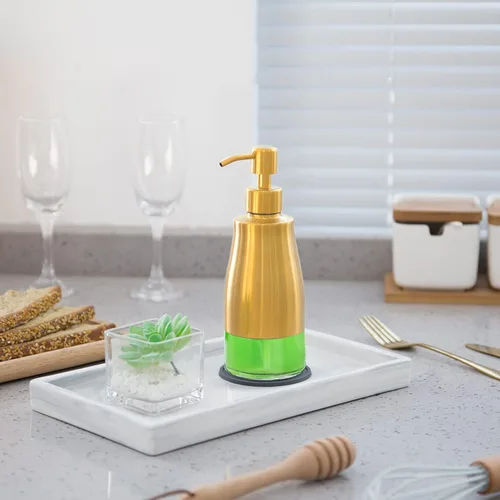 Vista 2 de Gaussra Dispensador de jabón con posavasos y calcomanías, dispensador de bomba de mano de vidrio de acero inoxidable dorado cepillado, botella