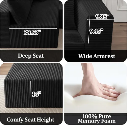 Vista 4 de Sofá modular deshuesado de 118 pulgadas con diván y otomano de pana de gran tamaño en forma de U, sofá de nube para asiento profundo para sala
