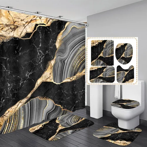 Vista 14 de Nkzply Juego de 4 Piezas de Cortinas de Ducha de Mármol Negro con Alfombras, Juegos de Baño Dorados con Cortina de Ducha y Alfombras, Accesorios