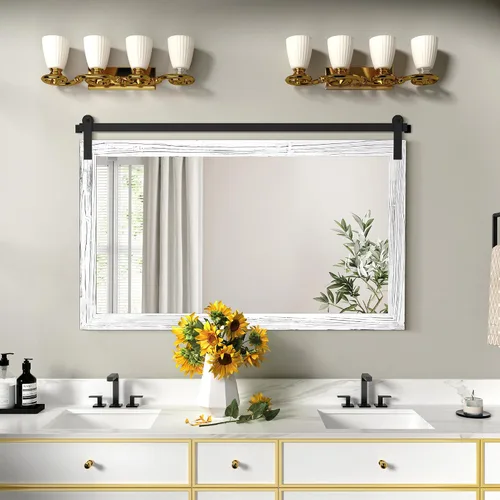 Vista 65 de COGOOD Espejo de puerta de granero de granja, 25 x 18 pulgadas, espejo decrativo con marco de madera rústica para baño, sala de estar, decoración