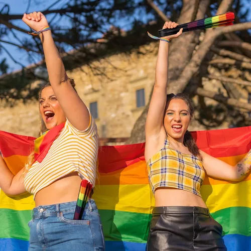 Vista 6 de Geetery 6 abanicos gay plegables de arco iris extragrandes de 13.3 pulgadas, fanáticos LGBT de 13.3 pulgadas, fanáticos del orgullo del festival