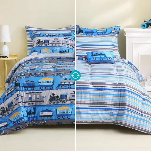 Vista 3 de Mooreeke Juego de edredón individual para niños de 6 piezas, juego de ropa de cama azul para adolescentes, cama de tren de microfibra para niños