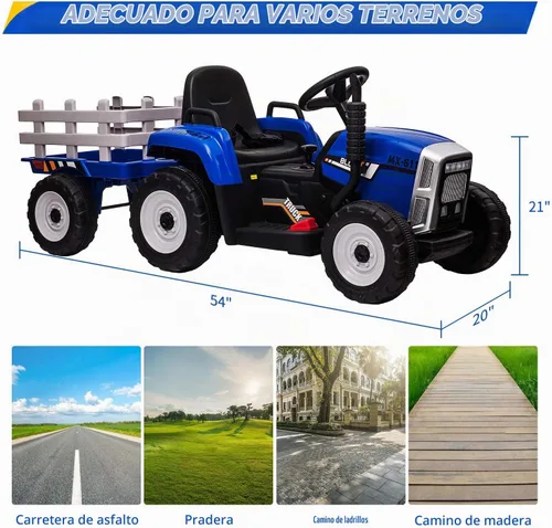 Vista 6 de Nasitip Tractor eléctrico con batería de 12 V con remolque y control remoto Azul