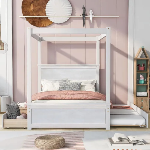 Vista 2 de CITYLIGHT Cama con dosel de madera maciza, tamaño matrimonial con nido para ahorrar espacio, marco de cama de plataforma vintage con 4 postes