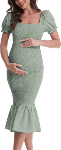 Vista 3 de Vestido de maternidad de verano a media pierna, manga corta abombada, cuello cuadrado, dobladillo con volantes, vestido de sirena para baby shower