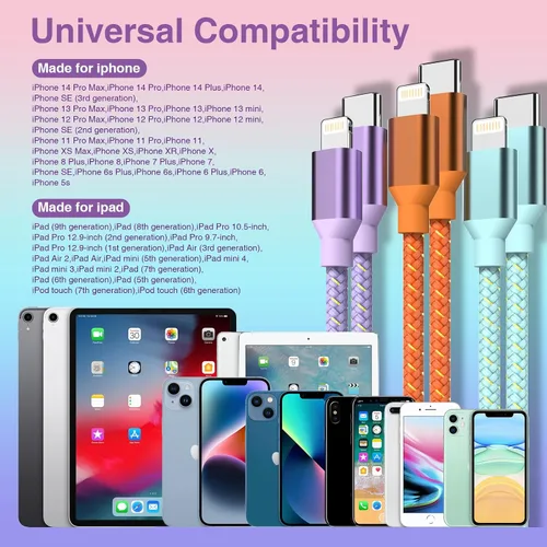 Vista 6 de Cable USB C a Lightning para cargador de iPhone certificado MFi de Apple, paquete de 3 cables de carga rápida de 1.8 metros, tipo C a Lightning