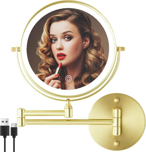 Vista 9 de Espejo de maquillaje recargable montado en la pared iluminado para el tocador de 20 centímetros de doble cara con aumento 1X 10, espejo de baño