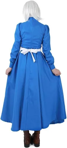 Vista 3 de miccostumes Disfraz de sirvienta para mujer, vestido de manga larga cerúleo con delantal blanco